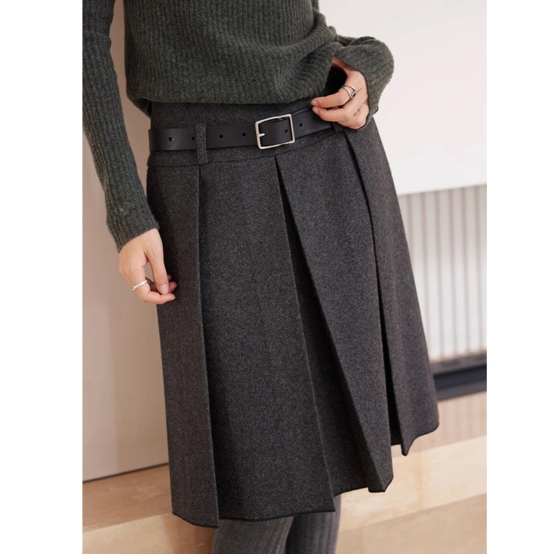 【现货】高JI毛呢质感！大码学院风深灰压褶半身裙女显瘦百褶短裙