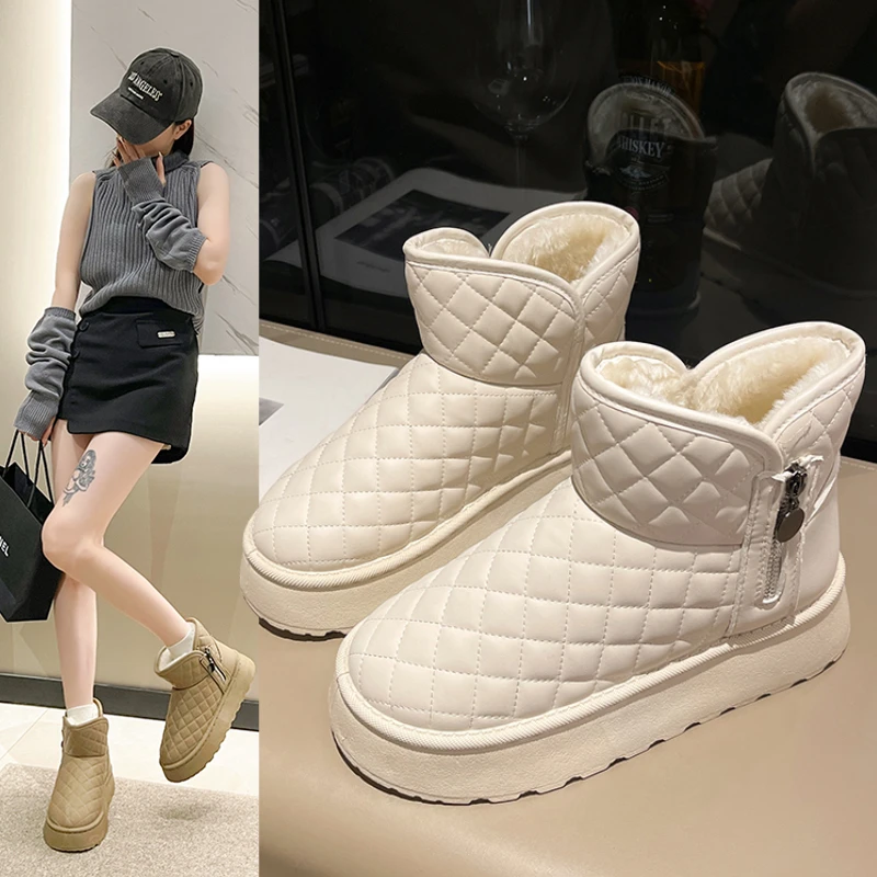 厚底雪地靴女2024秋冬季雪地靴拉链款加绒加厚保暖棉靴百搭短筒靴
