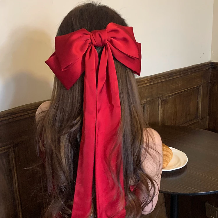 少女超长飘带发夹女后脑勺夹子新年红色发卡弹簧夹过年发饰头饰品