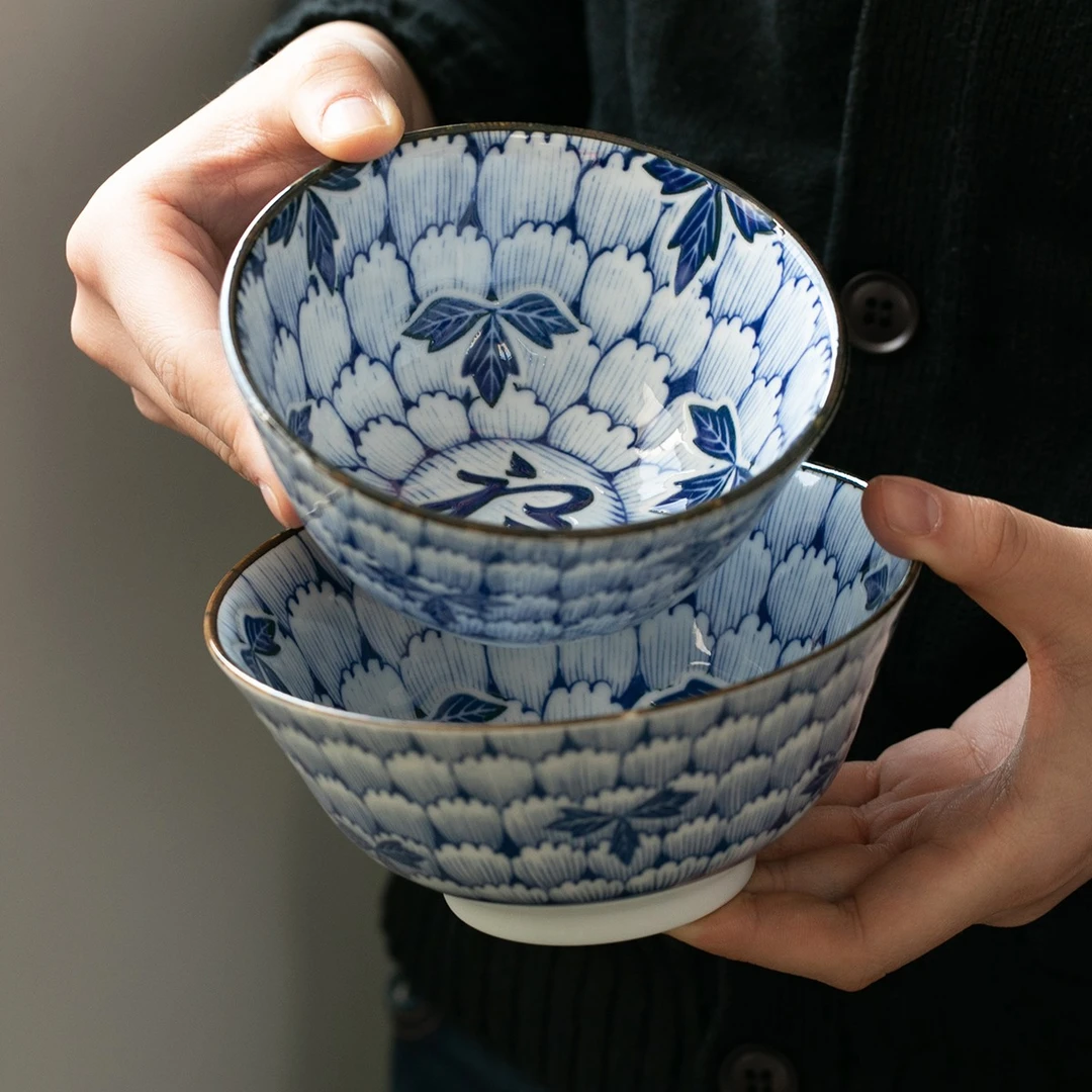 日本进口餐具花万叶福字釉下彩家用日式陶瓷米饭碗大汤碗拉面碗大