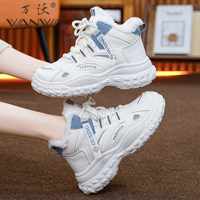 WANWO/万沃厚底高帮女加绒加厚棉鞋2024冬季新款保暖鞋韩版休闲鞋