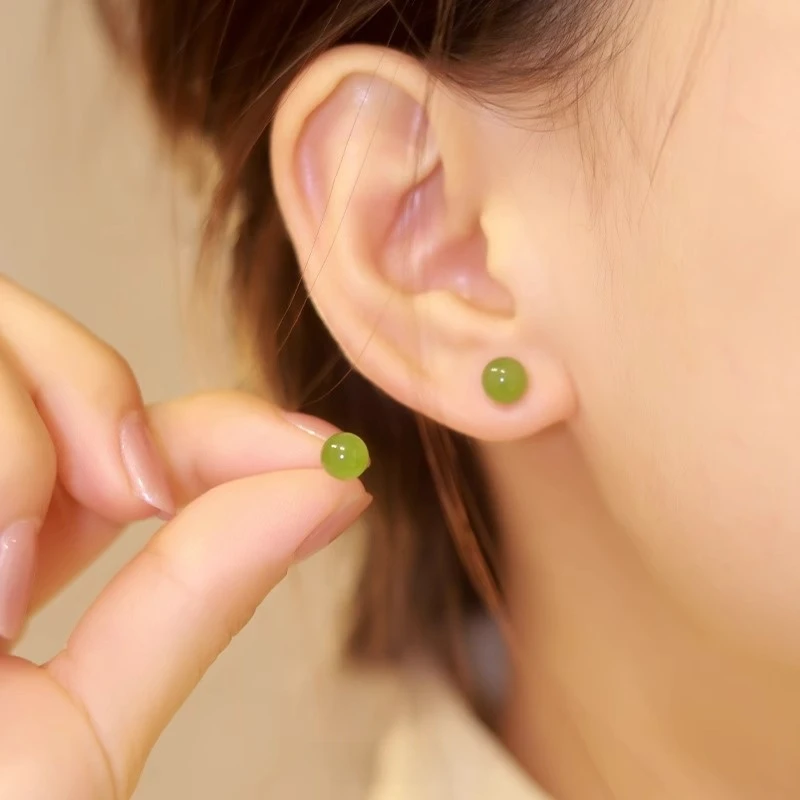 天然和田玉耳钉S925纯银耳环女养耳洞简约复古轻奢高级感气质耳饰