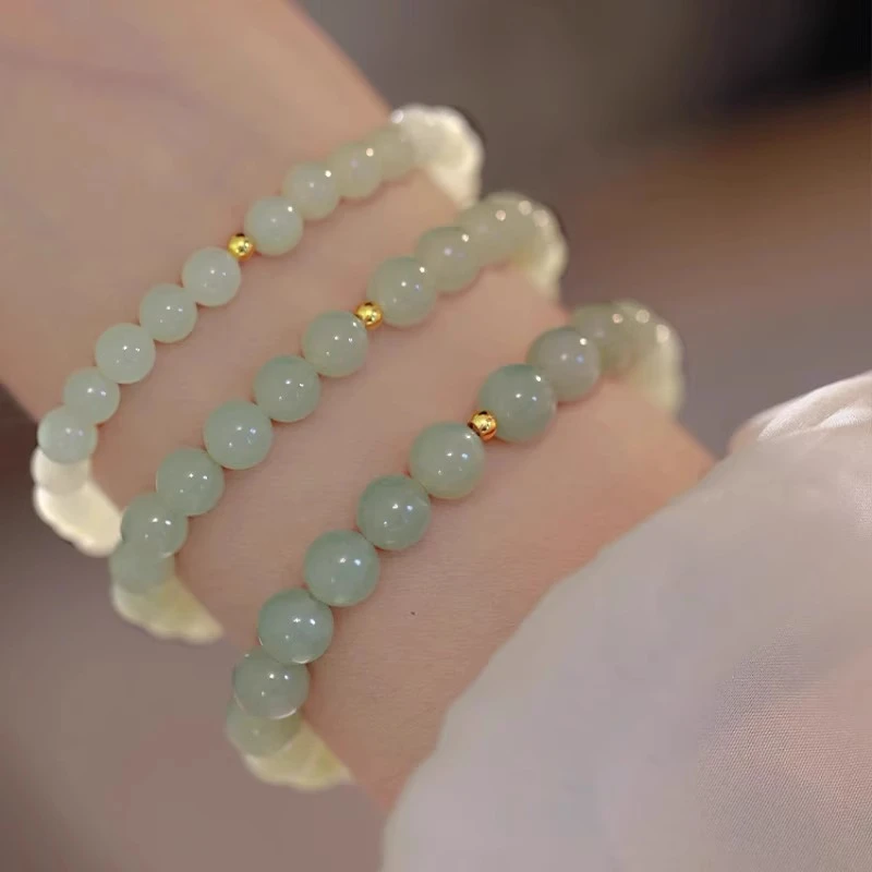 6mm晴水绿和田玉圆珠手串天然正品和田玉素圈女士款可叠带百搭款