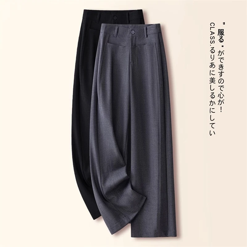 灰色西装阔腿裤女春秋季2025新款高腰加厚拖地长裤宽松垂感直筒裤