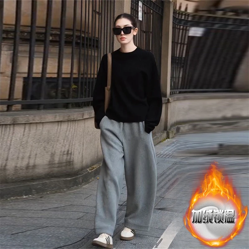 高级感加绒加厚圆领卫衣阔腿裤套装女2025冬季新款宽松保暖两件套