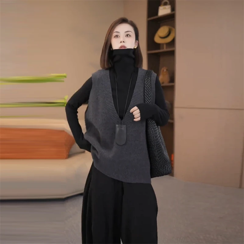 气质减龄纯色高领T恤针织马甲套装女2025春季新款宽松显瘦上衣潮