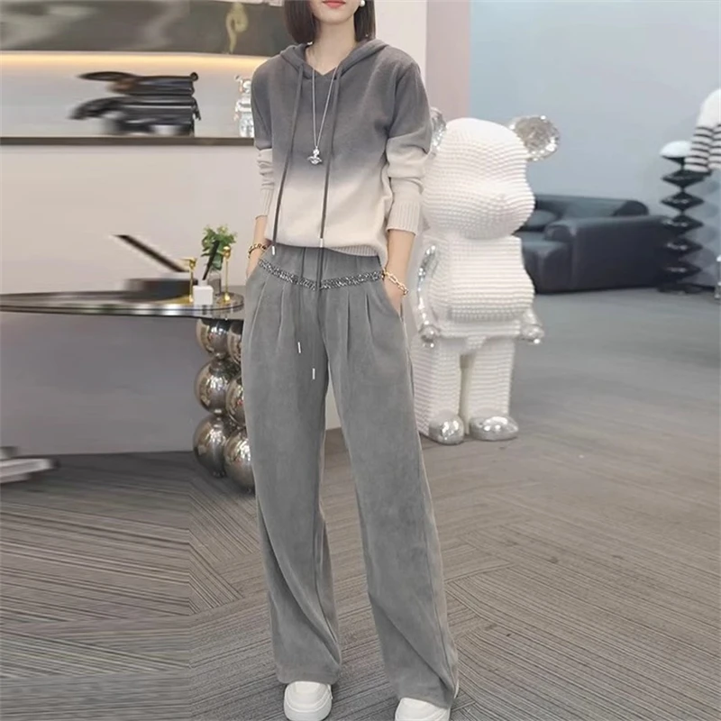 时尚气质高级感套装女2025秋季新款渐变色连帽针织衫直筒阔腿裤子
