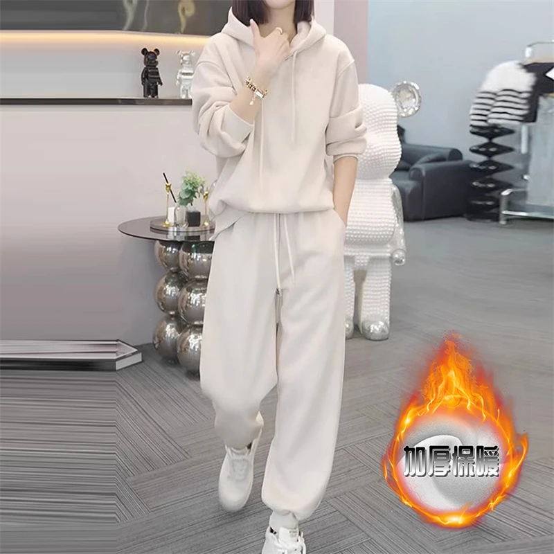 时尚休闲运动套装女2025秋季新款加绒加厚连帽卫衣显瘦卫裤九分裤