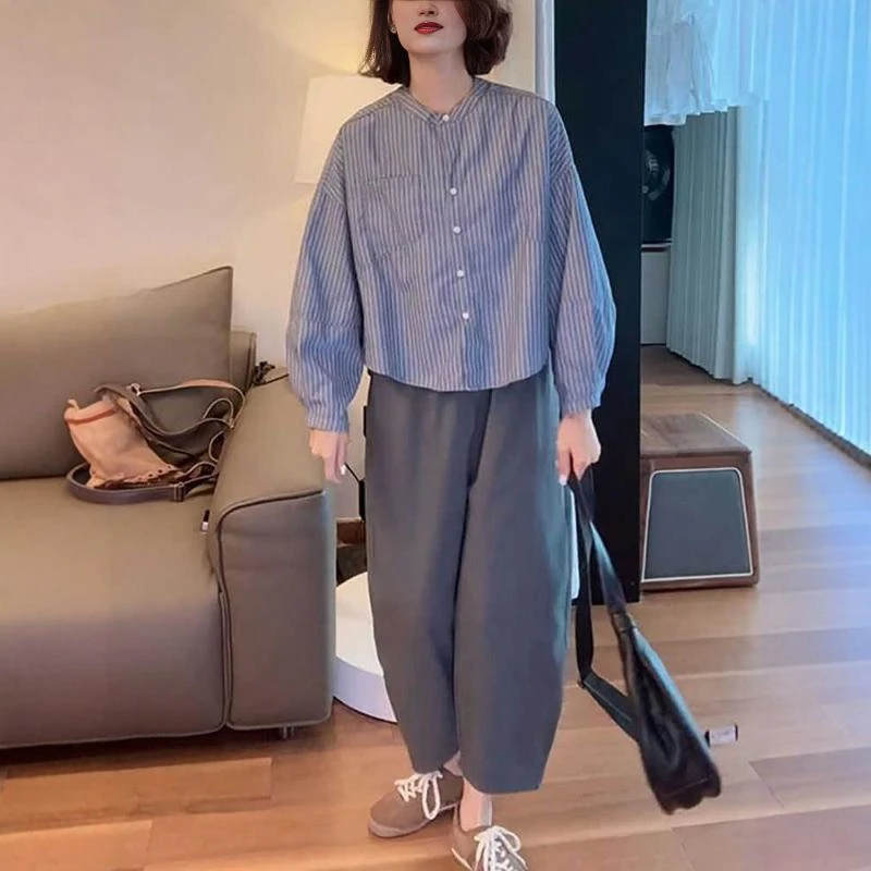 秋季一整套休闲穿搭女宽松遮肚条纹衬衫显瘦阔腿裤子时尚通勤套装