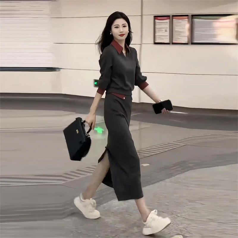 法式通勤撞色假两件卫衣半身裙套装女2025秋季新款显瘦百搭两件套