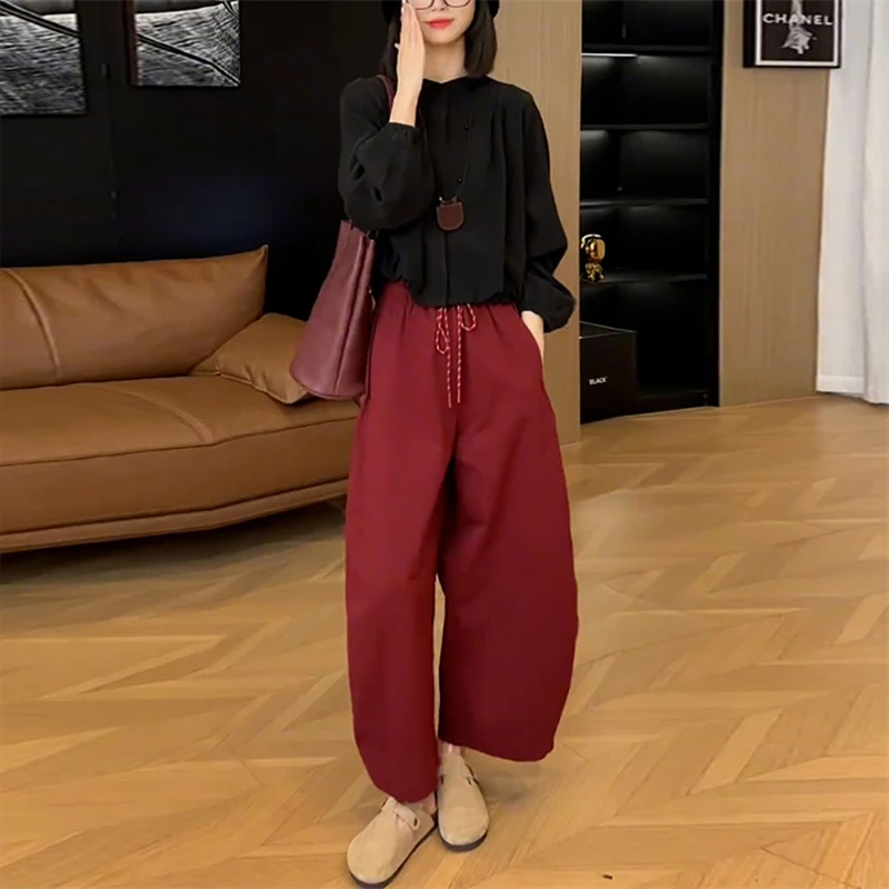 休闲减龄时尚套装女2025年秋季新款显瘦阔腿裤九分裤遮肚长袖衬衫