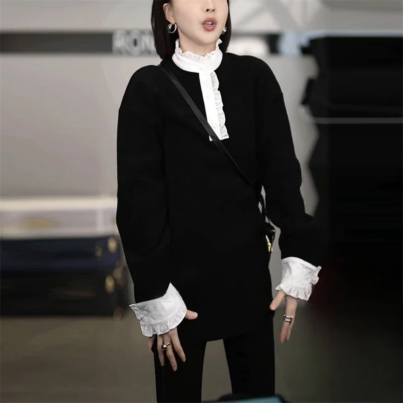 法式设计感加绒加厚蕾丝拼接卫衣女2025冬季新款宽松显瘦洋气上衣