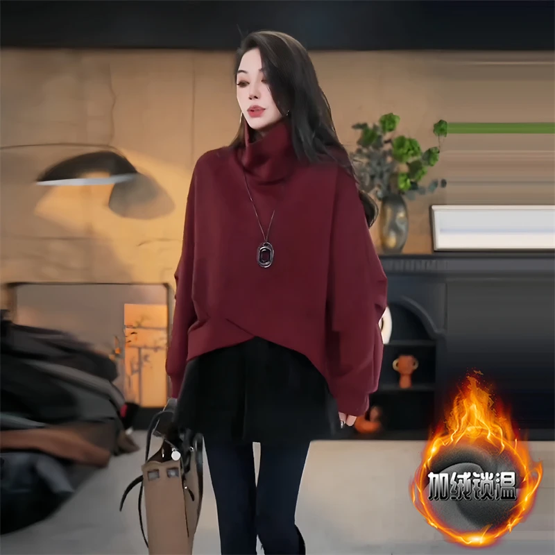 日常通勤高领加绒加厚不规则卫衣女2024冬季新款宽松显瘦保暖上衣