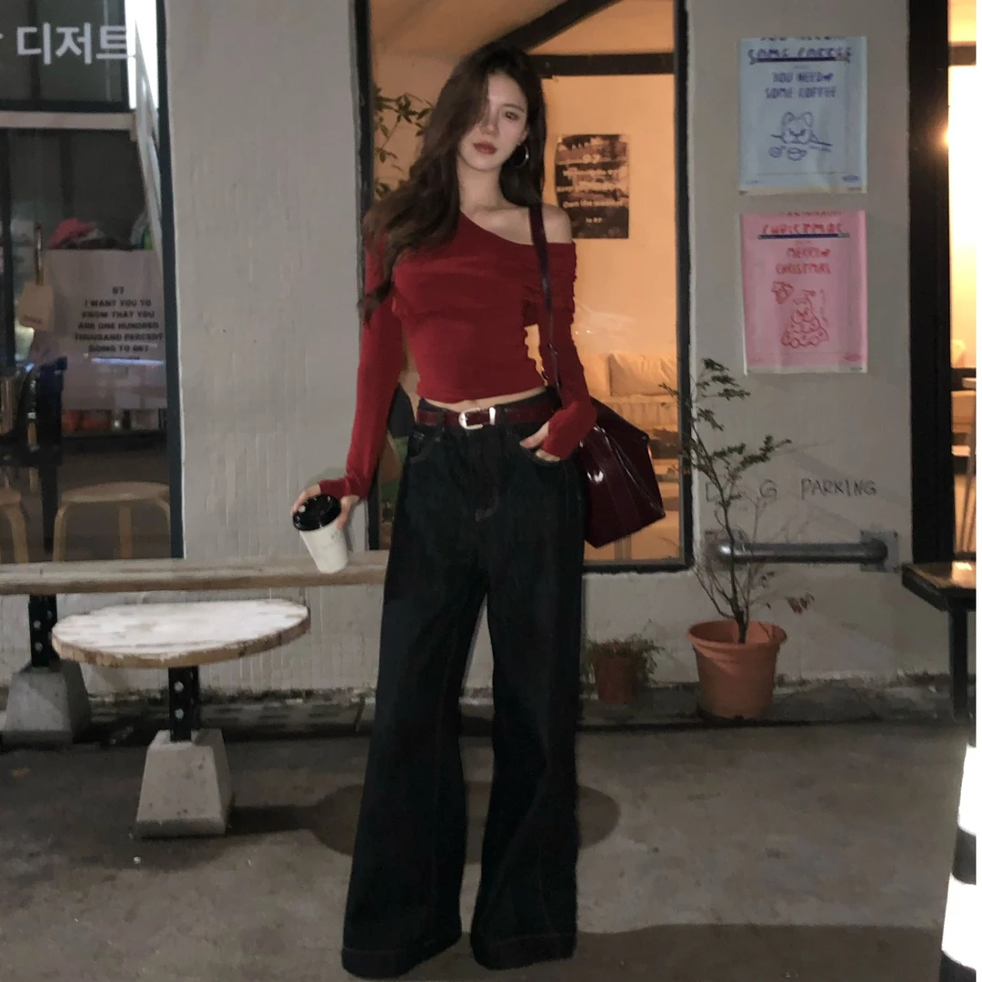 【禾呈】高腰阔腿牛仔裤女秋冬新款时尚宽松九分大筒喇裤10033