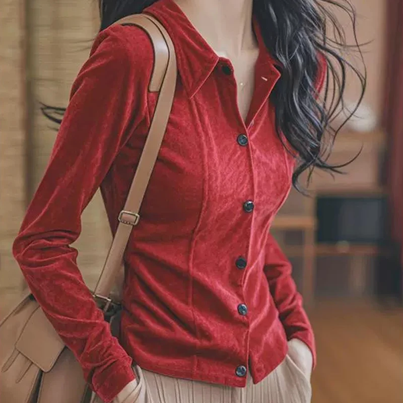 YZ专柜品质众独特上衣洋气高端别致高级感绝美红色丝绒衬衫女秋季