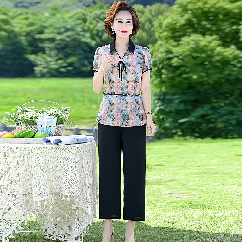 中年女装夏季新款套装妈妈装40-60岁时尚大码显瘦女气质两件套