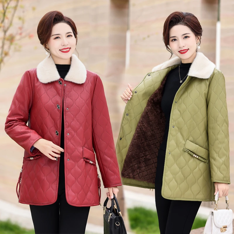 中年女装冬季新款皮衣外套妈妈装宽松加绒保暖皮棉衣