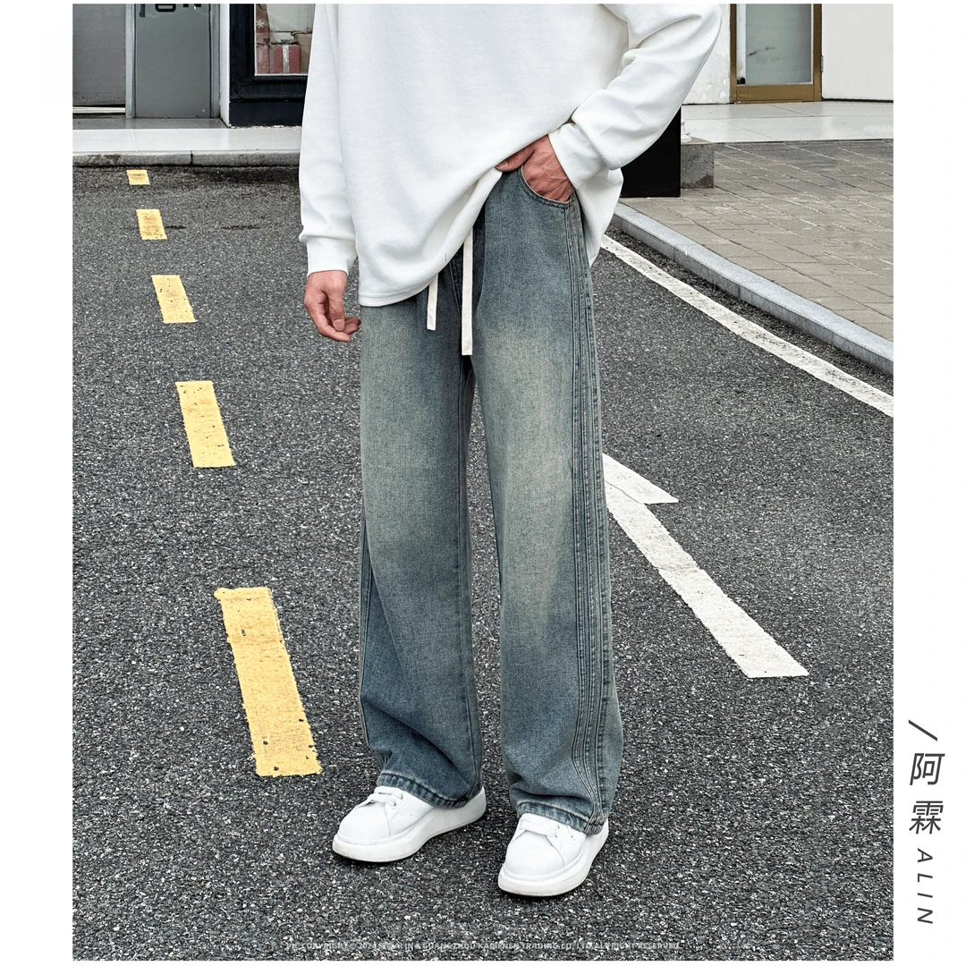秋季复古牛仔裤水洗做旧休闲百搭微阔加长直筒裤松紧腰头抽绳爆款