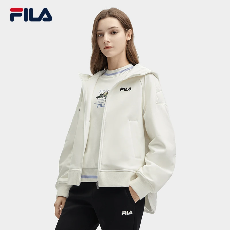 Fila 斐乐女子春季保暖舒适白色连帽休闲宽松外套F11W418502F