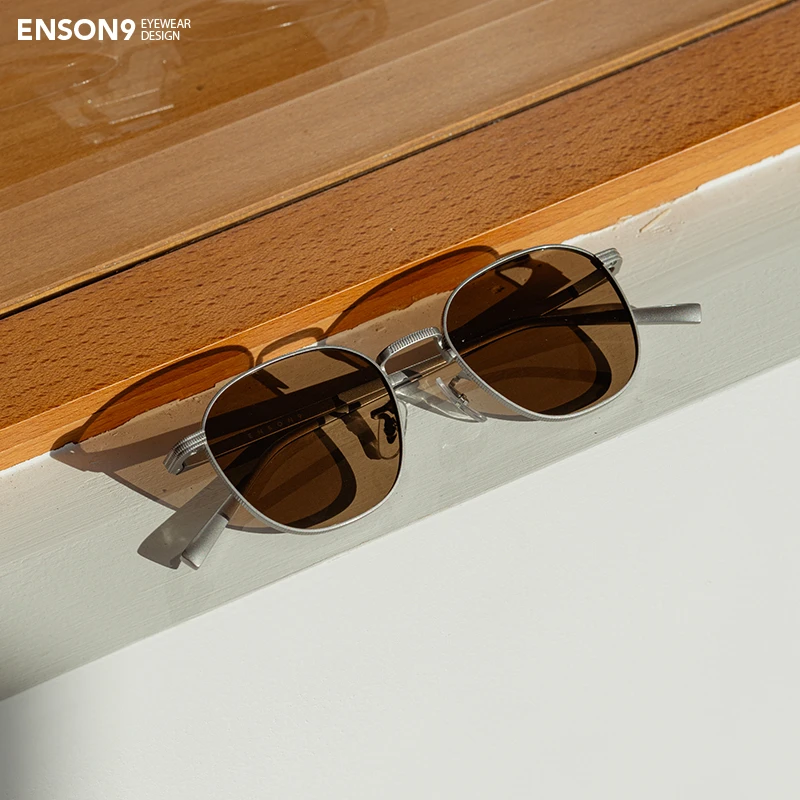 enson9宽边哑光纯钛方框墨镜潮男女 户外简约复古遮阳偏光太阳镜