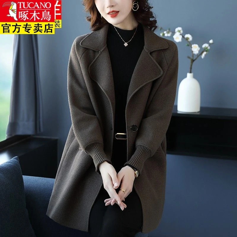啄木鸟衫女秋冬宽松加厚呢子大衣中长款韩版针织开衫外套
