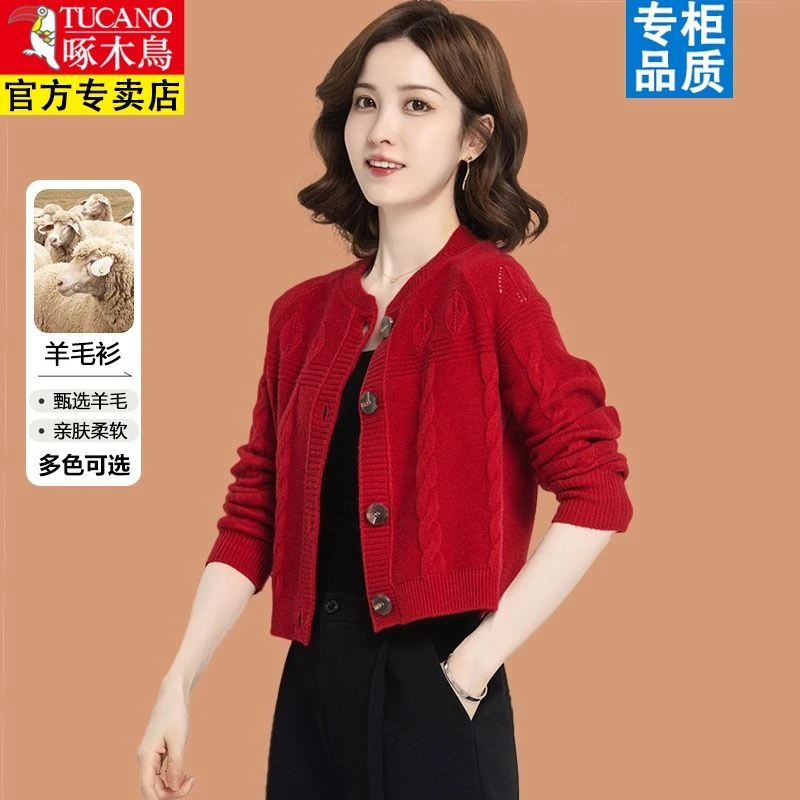 啄木鸟女士毛衣外套2023春秋新款薄短款配裙