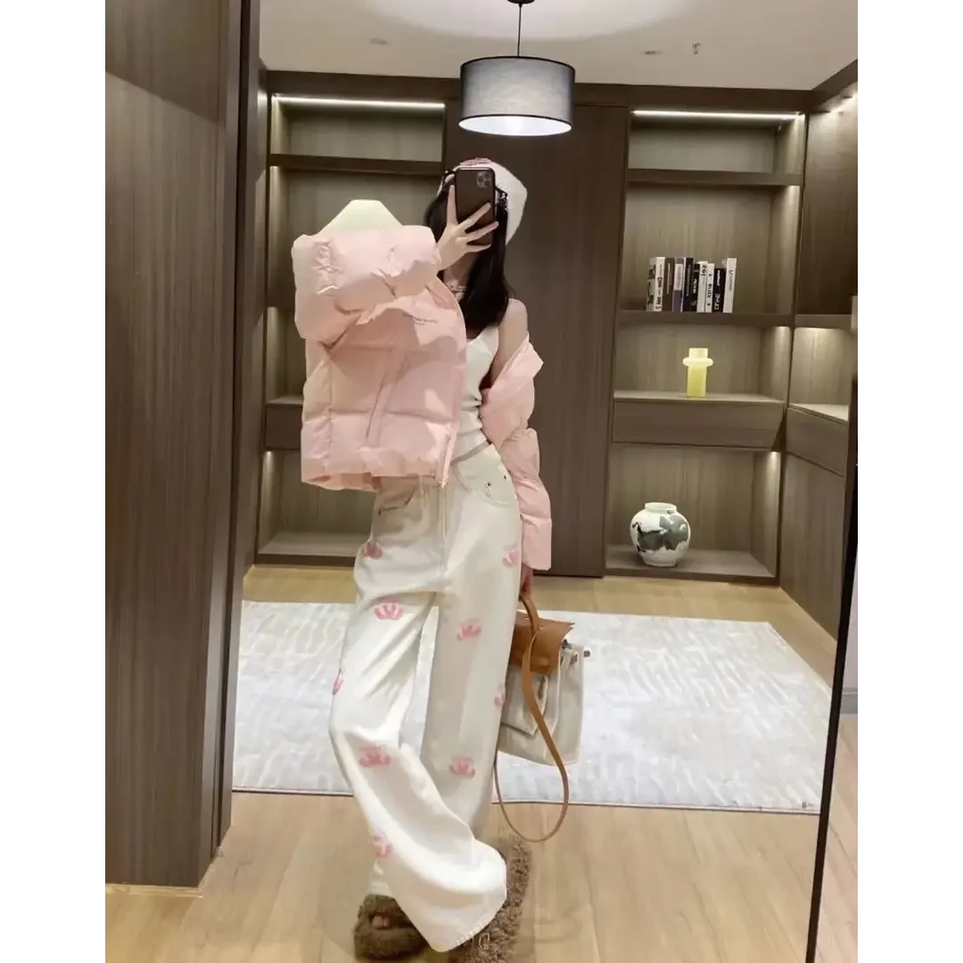 欧货设计感粉色字母刺绣2024春季高腰辣妹直筒加绒裤阔腿裤女潮