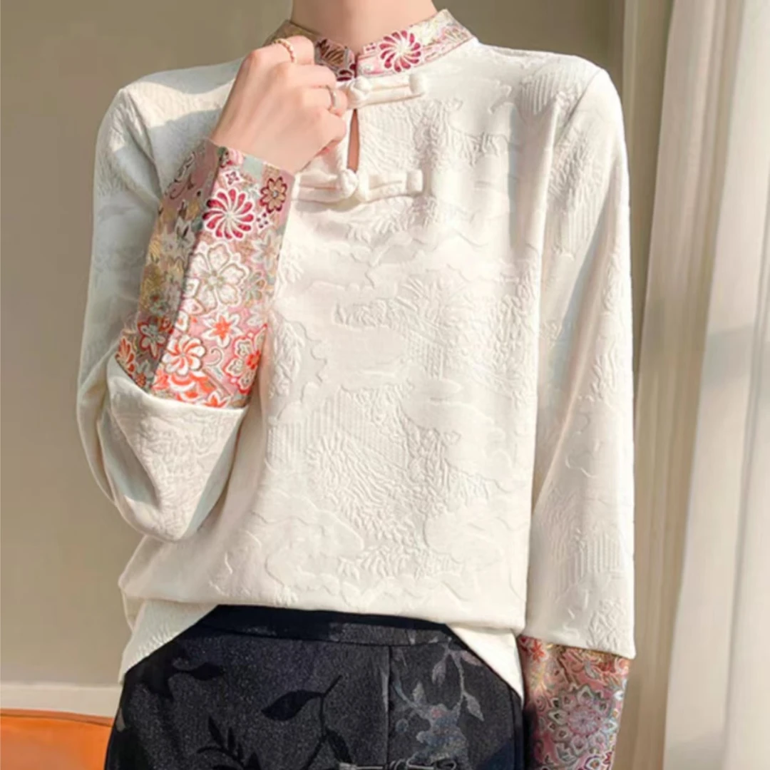 国风提花唐装盘扣立领弹力薄小衫拼接袖女高级感上衣百搭时尚862