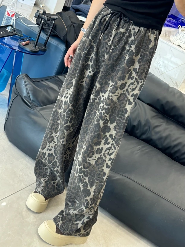 豹纹直筒牛仔裤3277时尚复古宽松