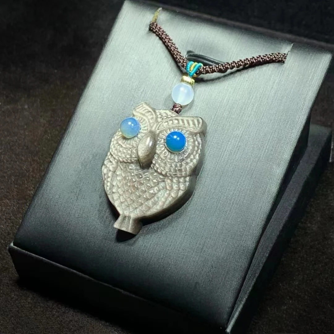 天然墨西哥5A墨西哥蓝珀猫头鹰吊坠精雕镶嵌手工（多样性只发一件）