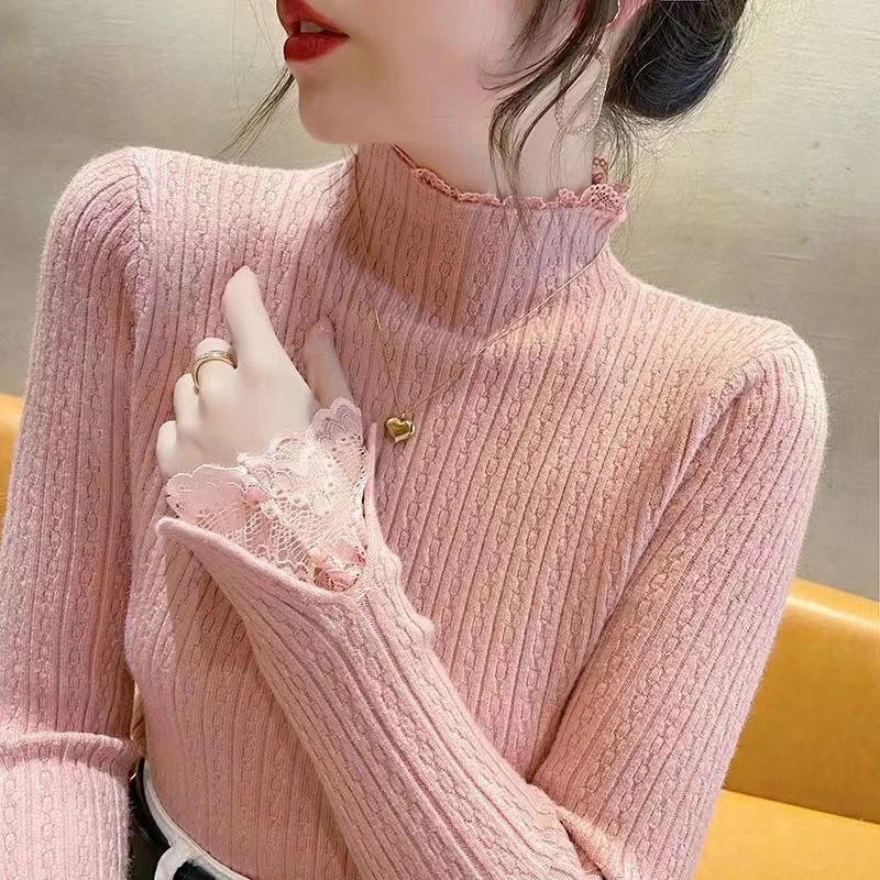 粉色蕾丝打底衫女秋冬洋气2023年新款麻花针织衫半高领修身毛衣