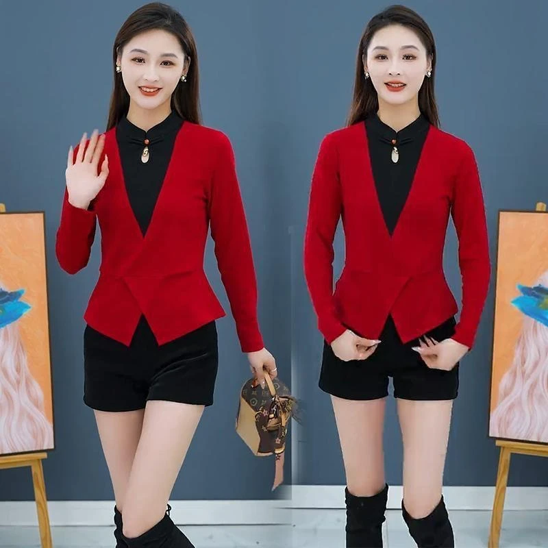 中式复古假两件拼接打底衫2025秋冬加厚洋气上衣气质国风盘扣T恤