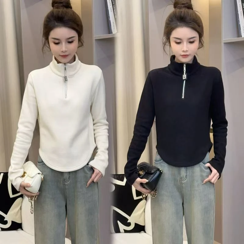 气质拉链半高领德绒打底衫女春秋修身百搭设计感上衣通勤长袖t恤