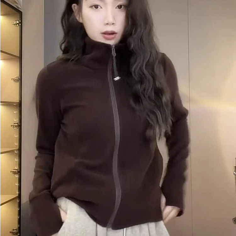 德绒立领卫衣女2025秋冬新款修身保暖美拉德穿搭休闲百搭开衫外套