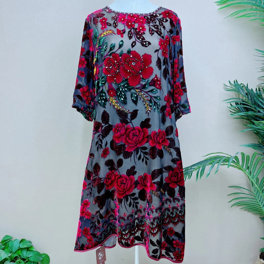 圆领桑蚕丝连衣裙大码气质时尚显瘦43A1787洋气妈妈装百搭宽松