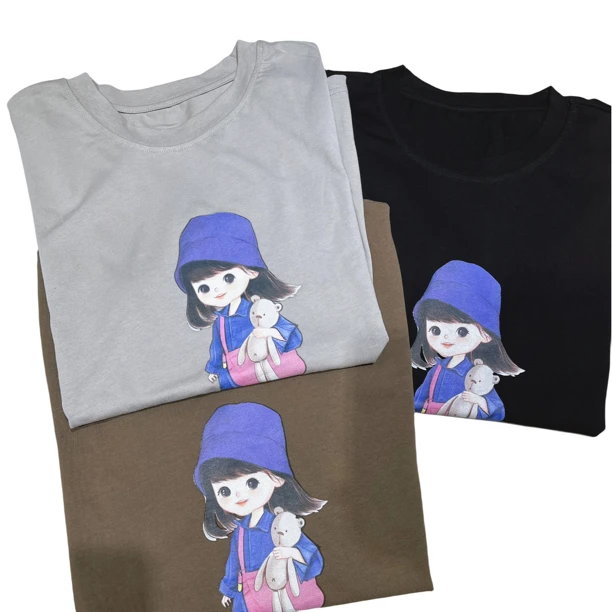 新款均码女款韩版时尚休闲宽松显瘦圆领中长款卡通印花短袖全棉T