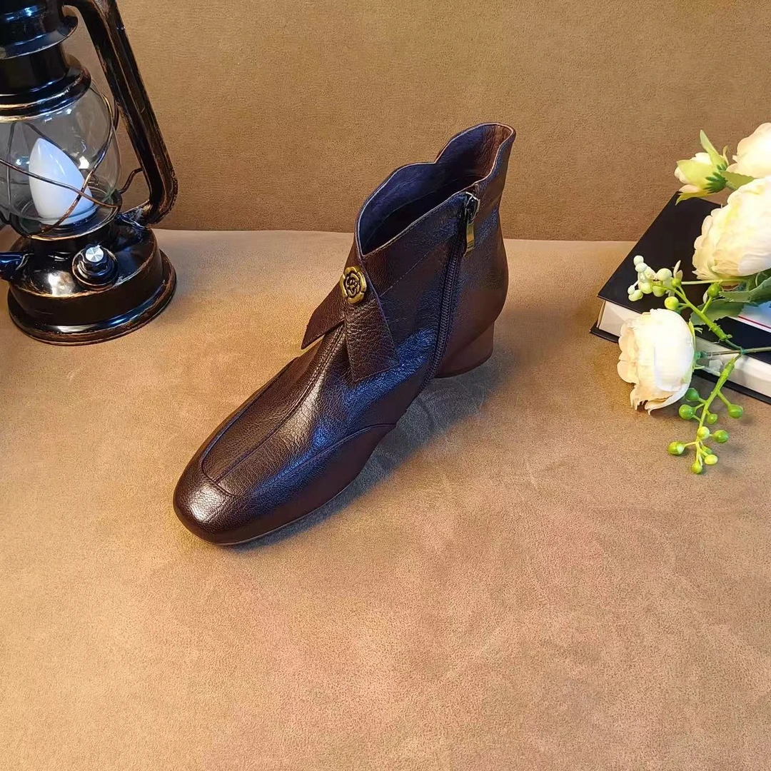 3CM/手工羊皮真皮小方头粗跟休闲山茶花复古女短靴