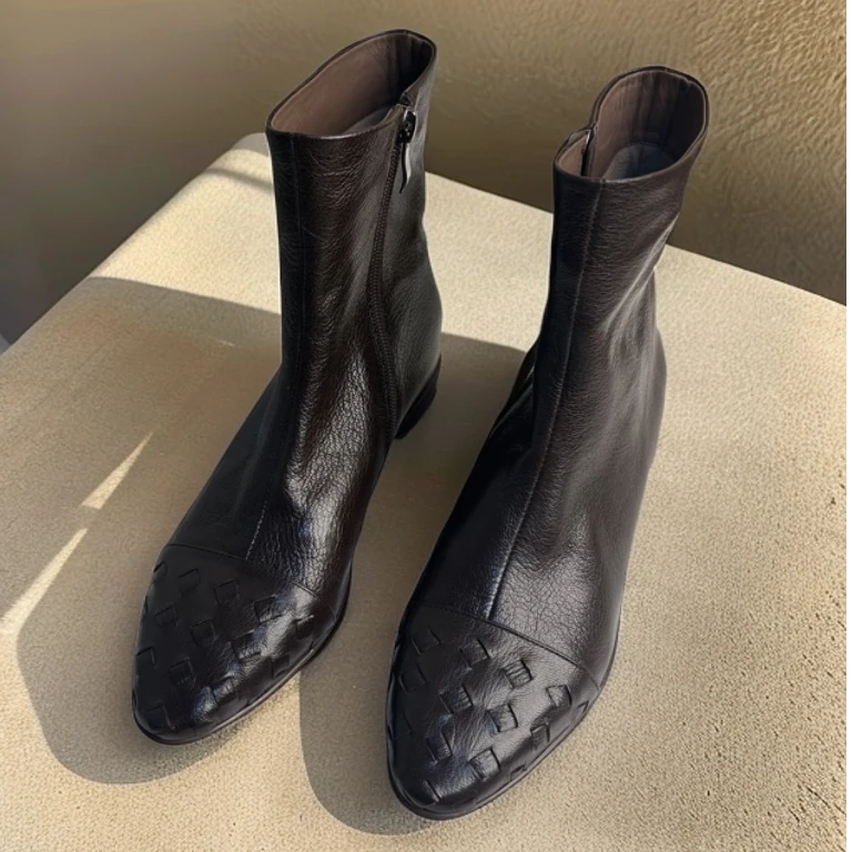 3CM跟羊皮2024新款真皮编织粗跟短靴秋冬高级感洋气靴子F1512
