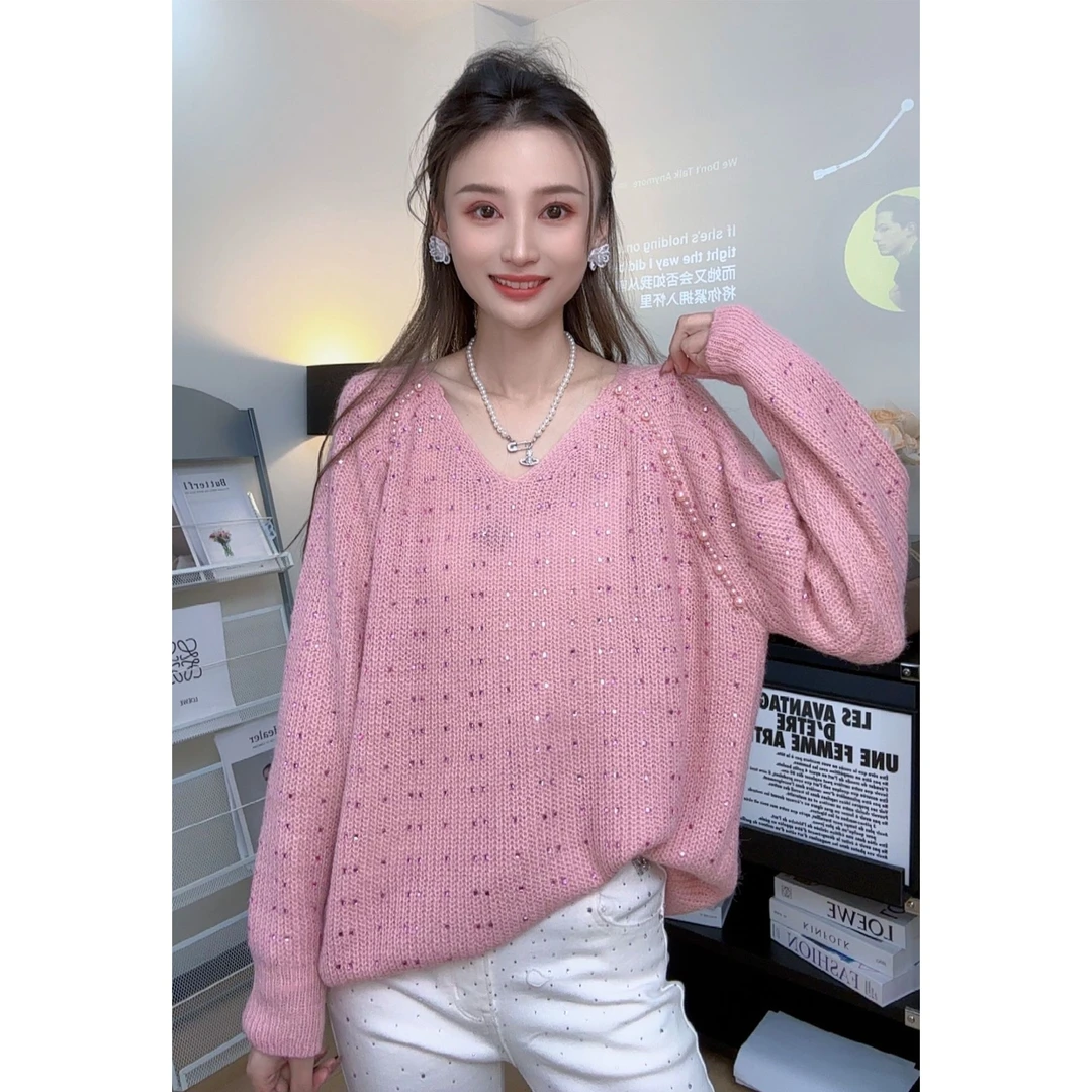 秋冬新款欧货重工烫钻钉珠毛衣V领宽松休闲慵懒风设计感针织衫女