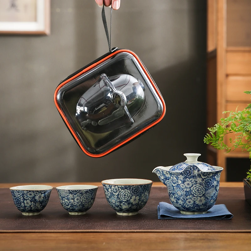 旅行茶具便携式快客杯个人专用仿古青花功夫茶具户外泡茶壶茶杯
