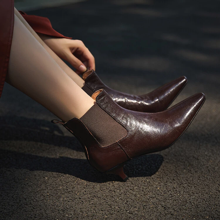 鞋匠先森5公分方头法式低跟真皮猫跟裸靴复古秋冬时尚气质短靴