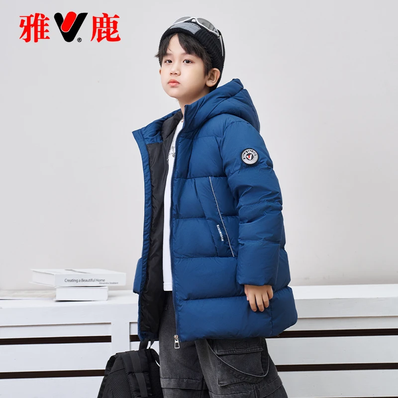 雅鹿儿童羽绒服2025新款洋气痞帅男童女童过膝中长款大童加厚外套