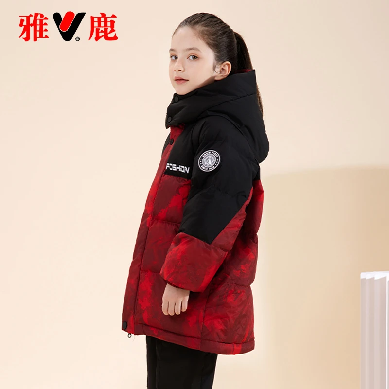 雅鹿2025冬季新款儿童短款连帽羽绒服男童女童中大童红色加厚外套