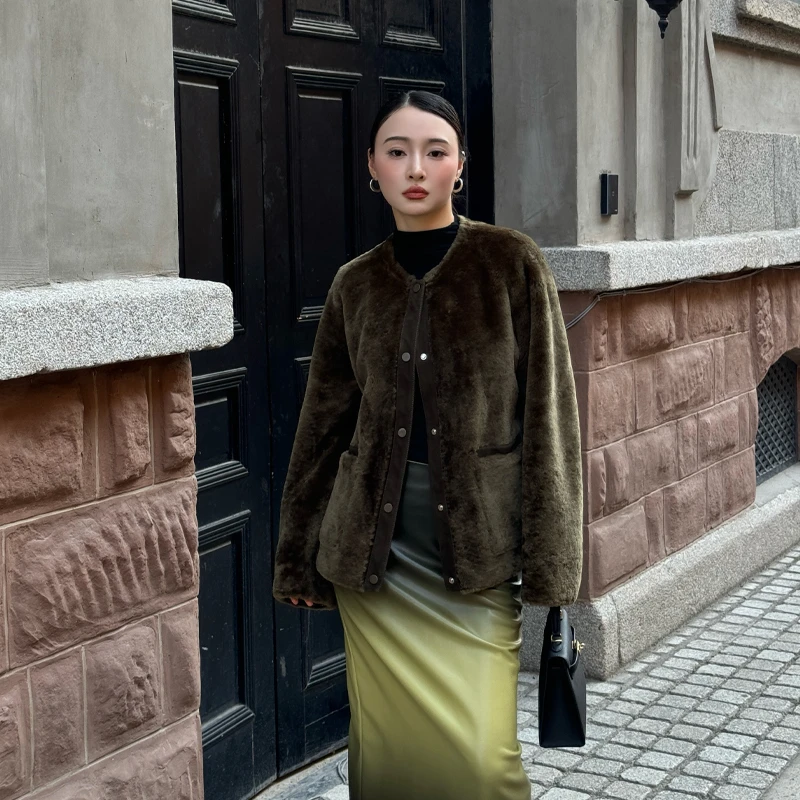 时尚显瘦西班牙美利奴羊毛皮毛一体皮草外套