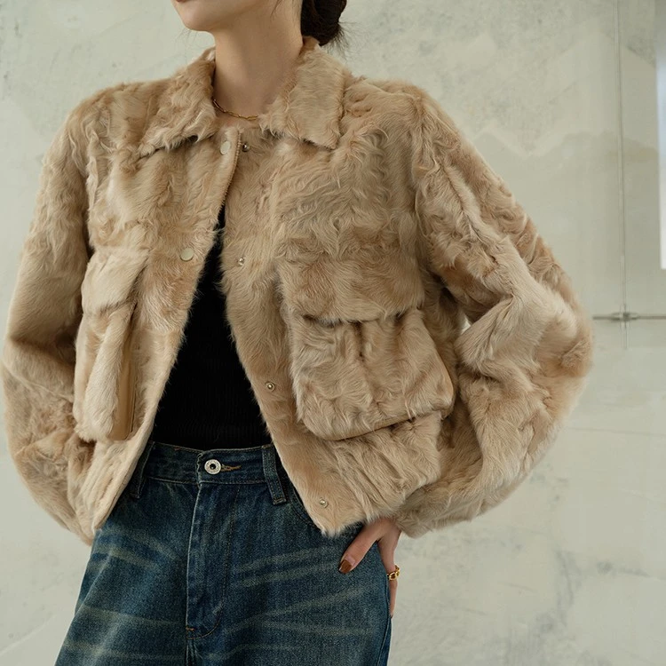 复古短夹克皮草女短款外套羊羔毛外套小湖羊羔毛2024新款冬保暖