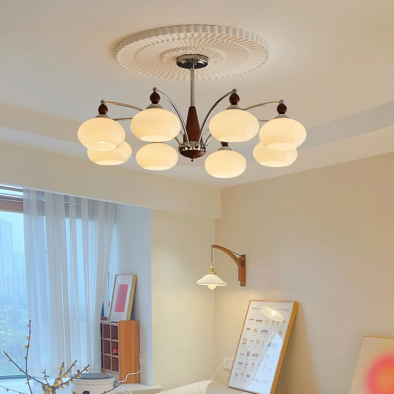 包豪斯奶油风中古客厅吊灯设计师实木美式柿子玻璃餐厅主卧室吊灯