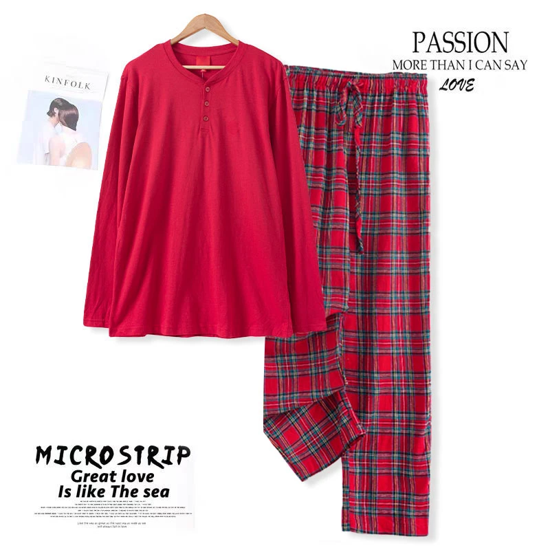 现货！睡衣睡裤秋季男士格纹家居服套装长袖长裤AA485宽松显瘦