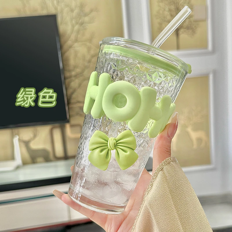 水杯女新款2025高颜值玻璃杯大容量耐高温吸管杯子带盖饮料果汁杯