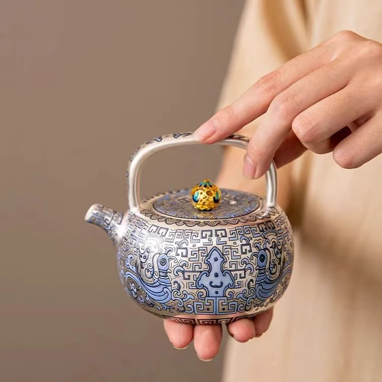 999天命玄鸟纹提梁茶壶过滤泡茶壶复古高档茶壶银单壶e950