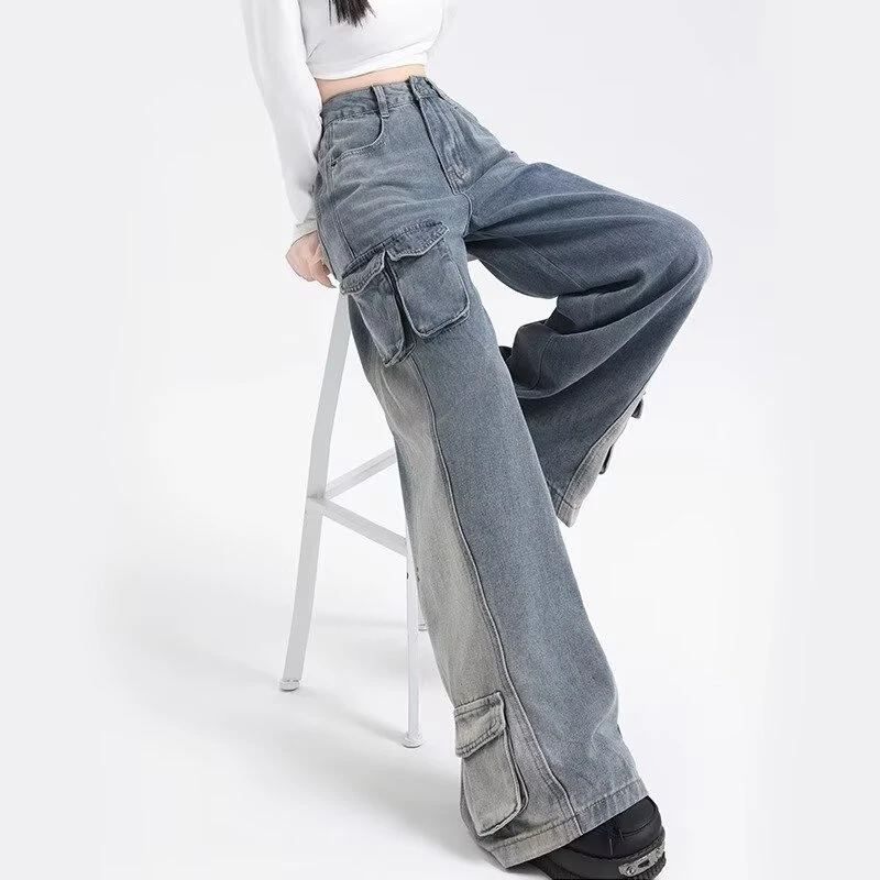 3026 裤尚KUSUN美式复古浅蓝色阔腿女士牛仔裤百搭垂感多袋裤